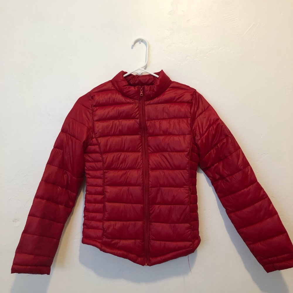 red puffer coat